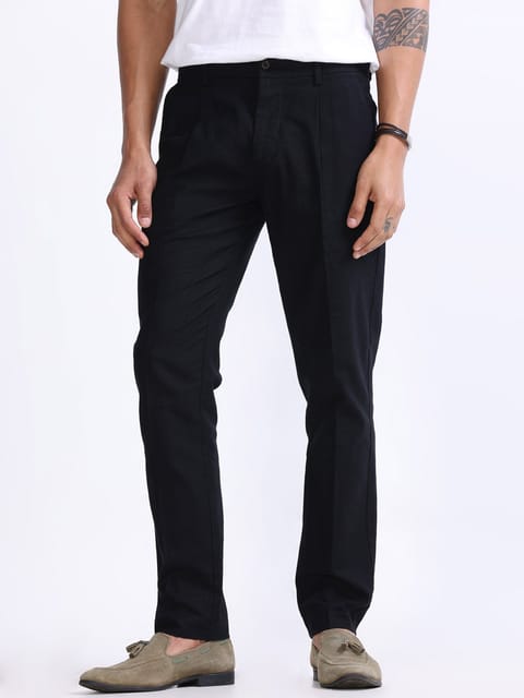 Raw Slub Black Pleated Pant