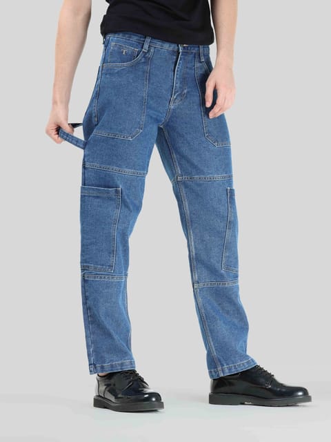 Mid Blue Relaxed Fit Denim Cargo