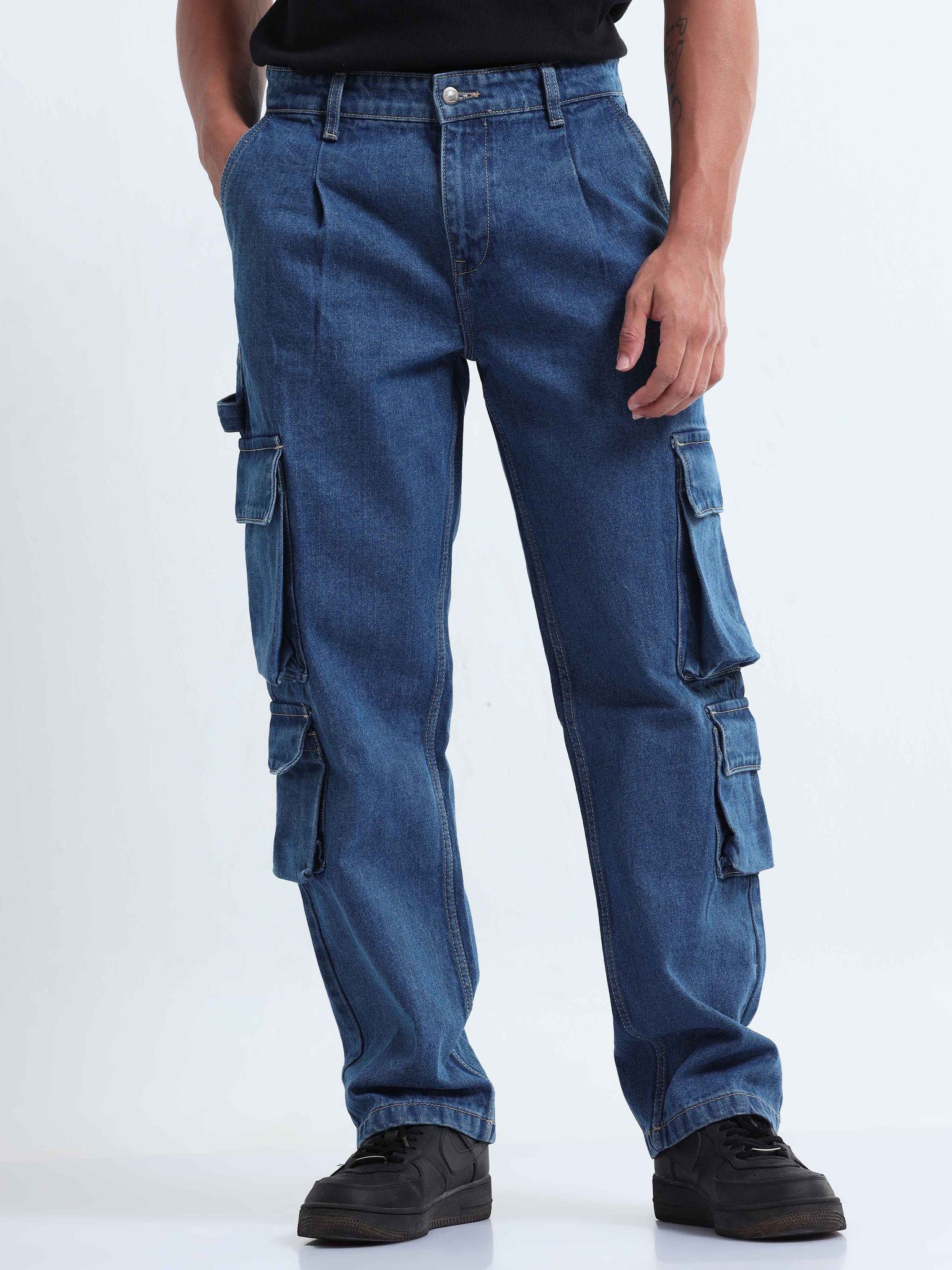 Classic Relaxed Mid Blue Double Cargo Denim