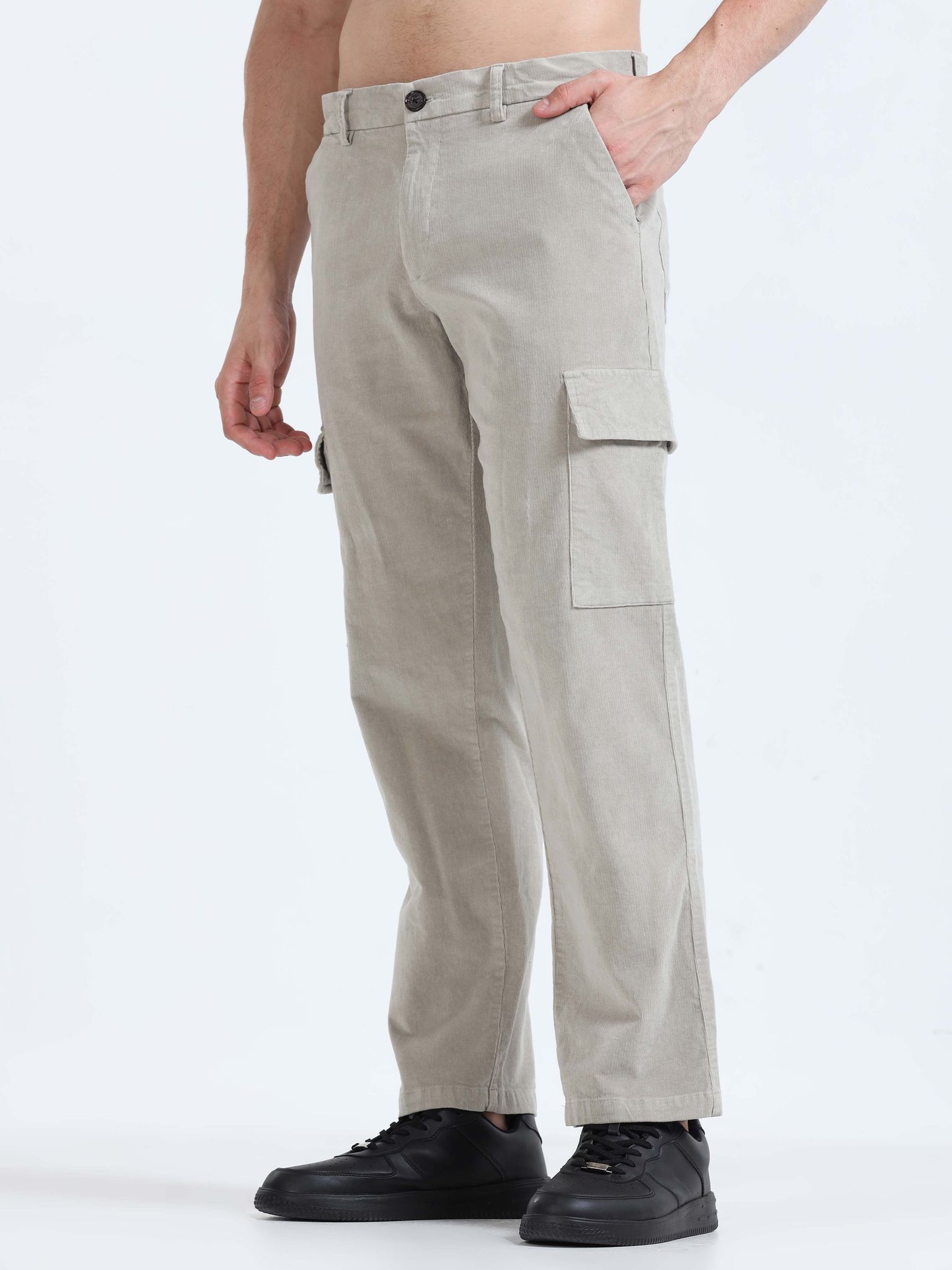 Soft Corduroy Light Grey Relaxed Cargo Pant