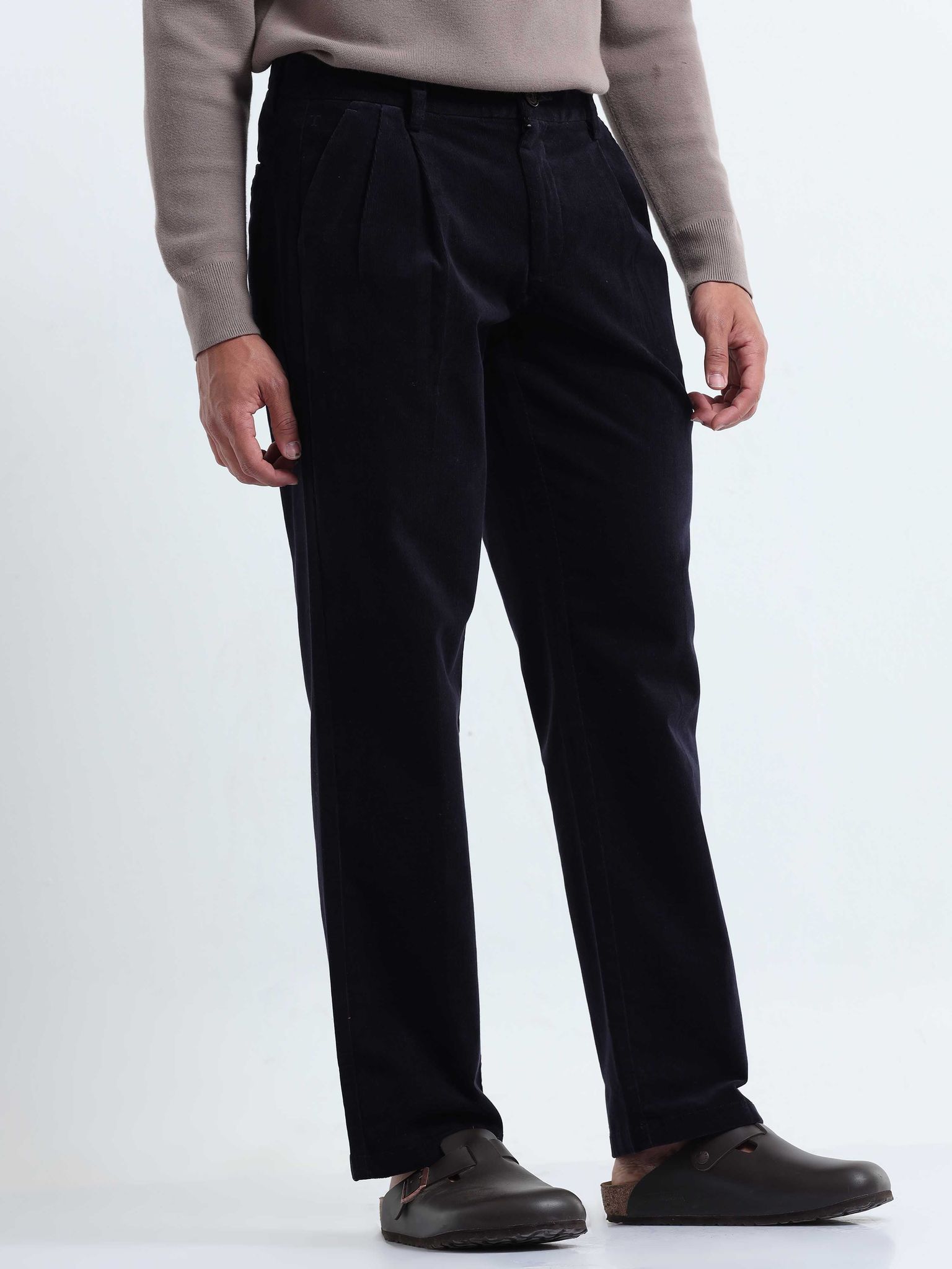 Soft Corduroy Navy Relaxed Pleated Pant