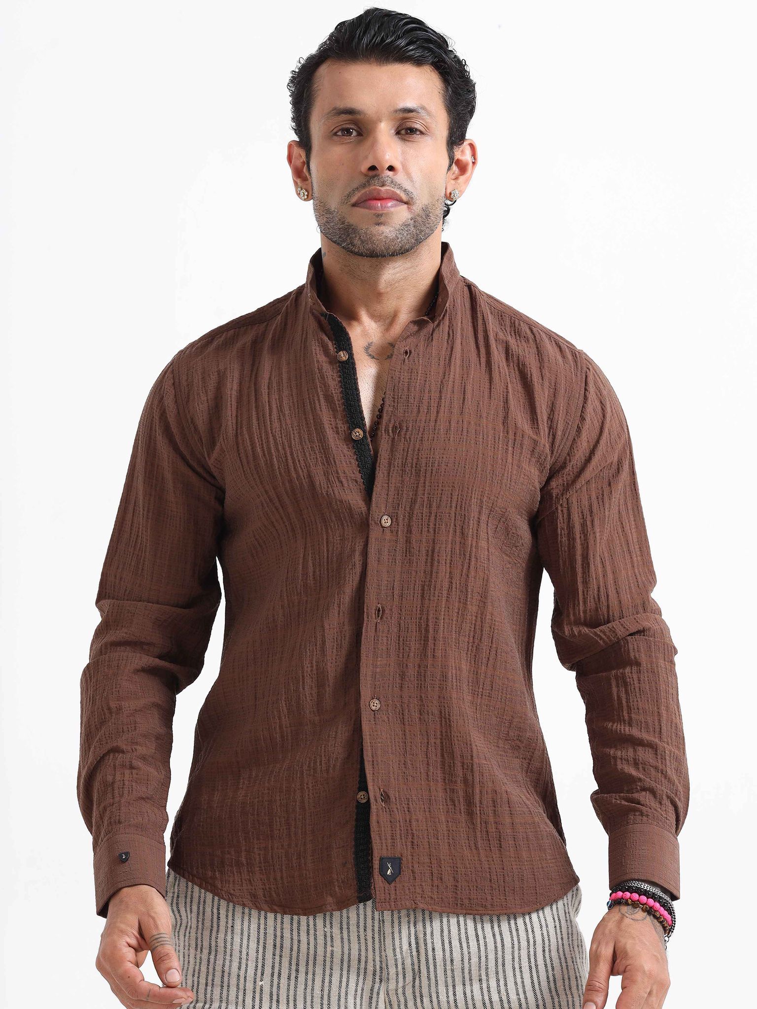 Premium Crushed Mandarin Shirt In Brown