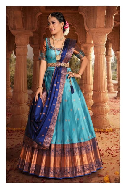 Gajiwala Womens BanarasLehenga Light Firozi-Navy Blue16651