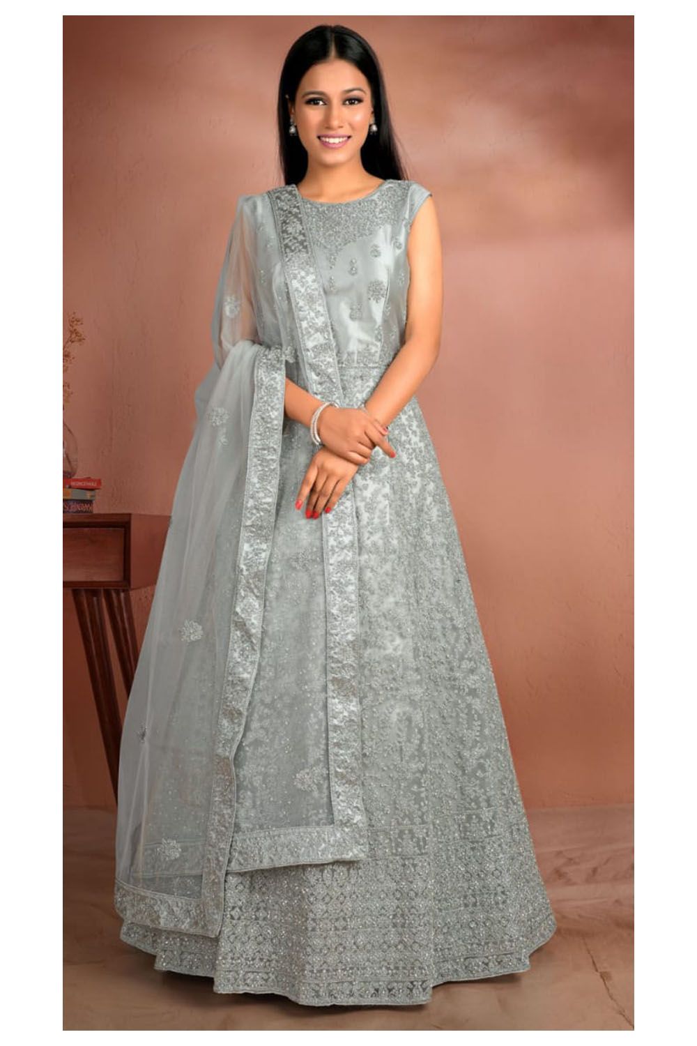 Gajiwala Womens Long Frock With Dupatta Grey 21303