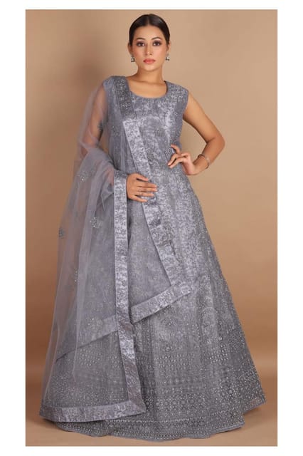 Gajiwala Womens Long Frock With Dupatta Grey 21290