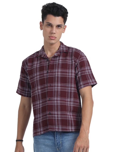 Men Checks Jacquard Oversized Shirt-Maroon