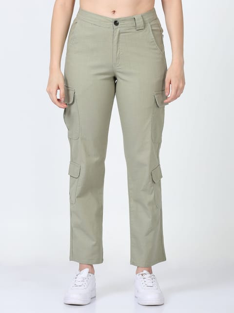 Women Lazy Linen Cargo Trousers-Fern