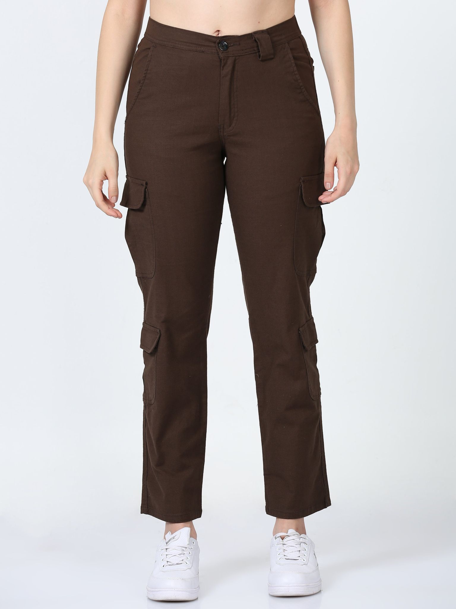 Women Lazy Linen Cargo Trousers-Brown