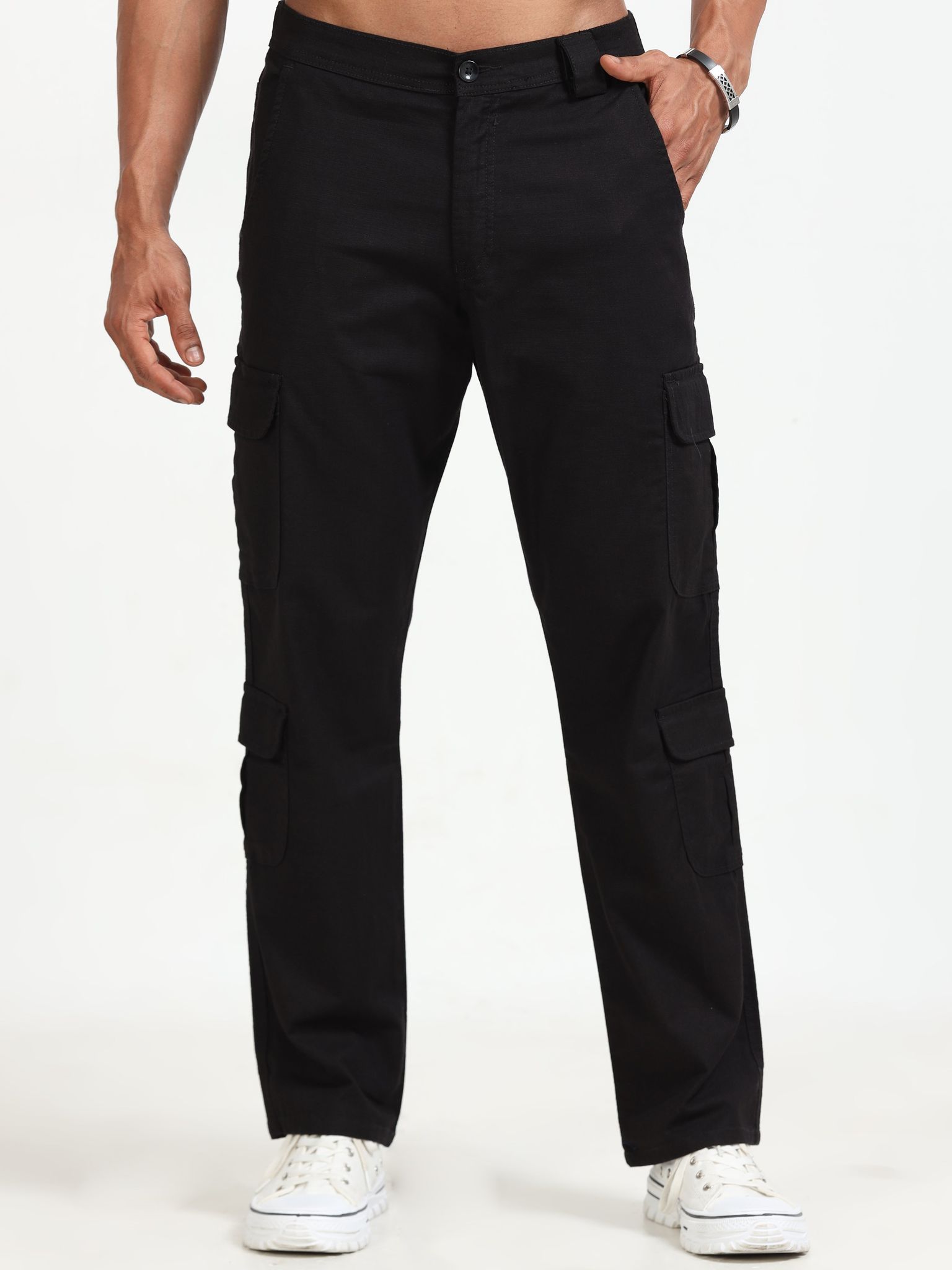 Men Lazy Linen Cargo Trousers-Black