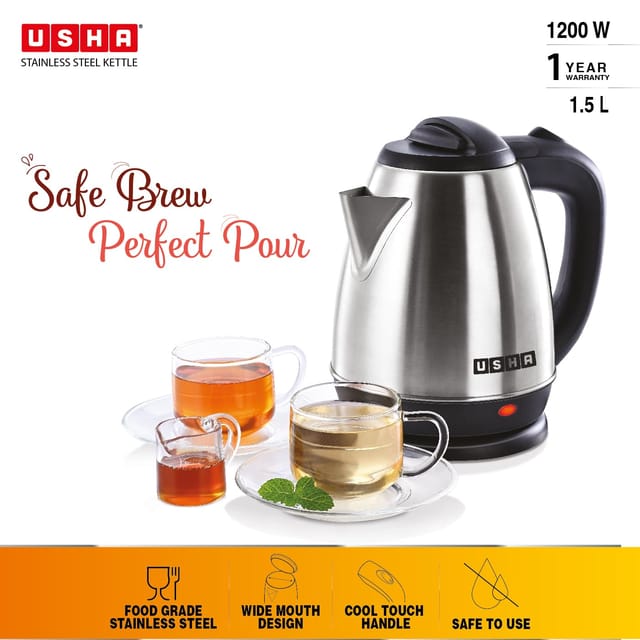 Usha Electric Kettle 1200W | 1.5L| Cool touch handle | Wider Mouth | Food-grade stainless steel | Safety with auto cut-off function (Silver & Black)