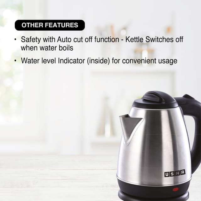 Usha Electric Kettle 1200W | 1.5L| Cool touch handle | Wider Mouth | Food-grade stainless steel | Safety with auto cut-off function (Silver & Black)