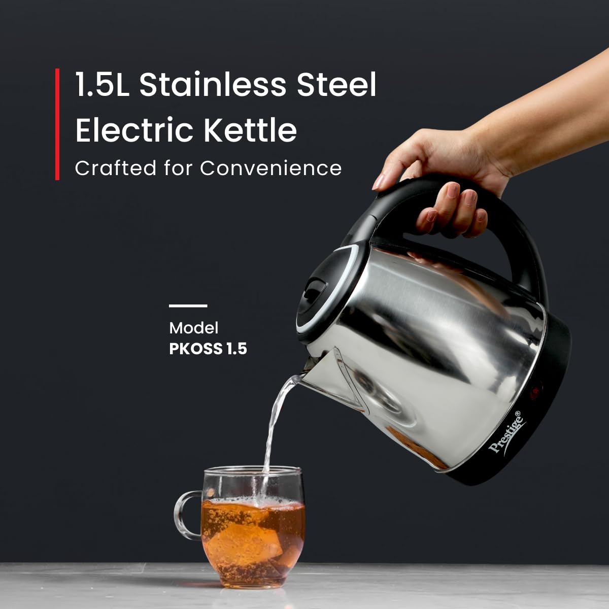 Prestige 1.5 Litres Electric Kettle (PKOSS 1.5)|1500W | Silver - Black| Automatic Cut-off | Stainless Steel | Rotatable Base | Power Indicator | Single-Touch Lid Locking