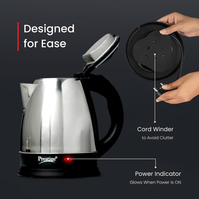 Prestige 1.5 Litres Electric Kettle (PKOSS 1.5)|1500W | Silver - Black| Automatic Cut-off | Stainless Steel | Rotatable Base | Power Indicator | Single-Touch Lid Locking