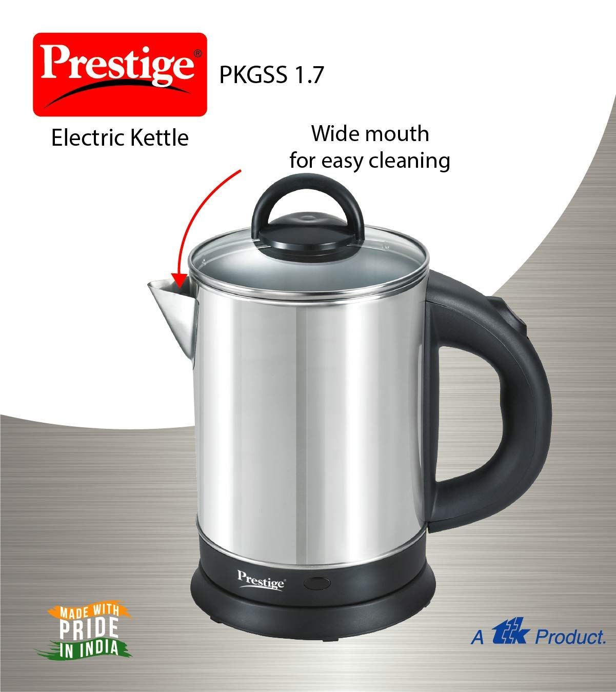 Prestige 1.7 Litres Electric Kettle(PKGSS 1.7)|1500W |Silver and Black | 1.7 Litres | Stainless Steel| Automatic Cut-off | Wide Mouth | Power Indicator | Single-Touch Lid Locking