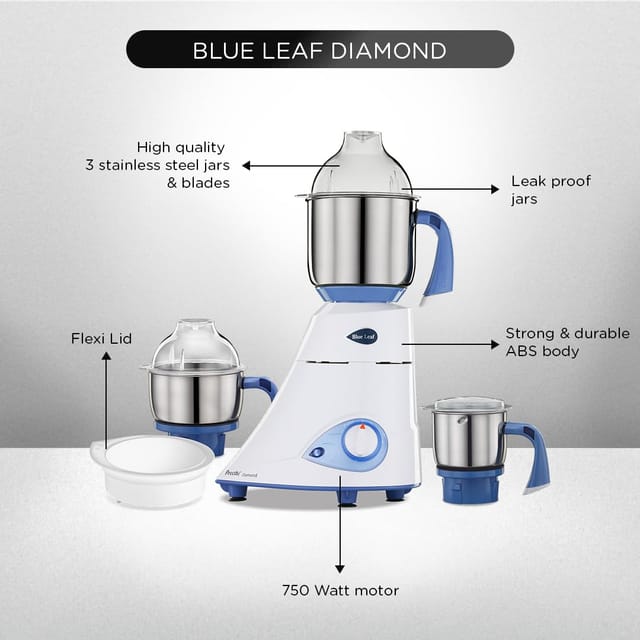 Preethi Blue Leaf Diamond MG-214 750 Watt Mixer Grinder with 3 Jars (Wet Grinding (1.5 litres) + Dry Grinding Jar (0.5 litre) + Chutney Jar (0.4 litre)Stainless steel), Blue/White