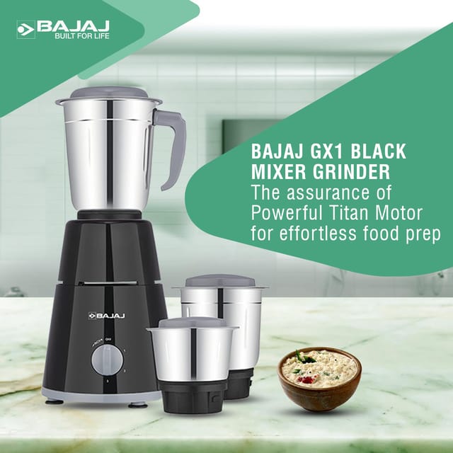 Bajaj GX-1 Mixer Grinder 500W|Superior Mixie For Kitchen|2-in-1 for Dry Grinding| Blade Function With Titan Motor|3 Stainless Steel Mixer Jars|1 Year Product Warranty By Bajaj|Black