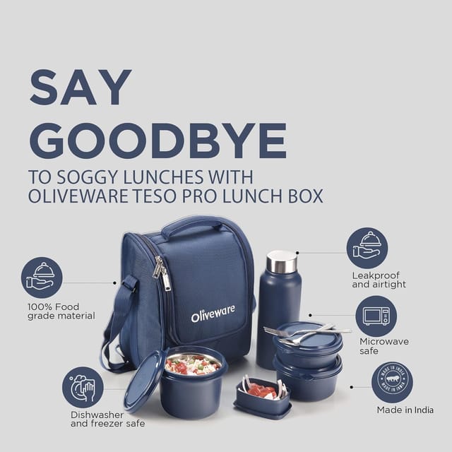 SOPL-OLIVEWARE Teso Pro Lunch Box with Steel Cutlery, 3 Microwave Safe Inside Steel Containers with BPA free Lids(290ml, 450ml & 600ml), Plastic Pickle Box(130ml), Steel Water Bottle(750ml) - Blue