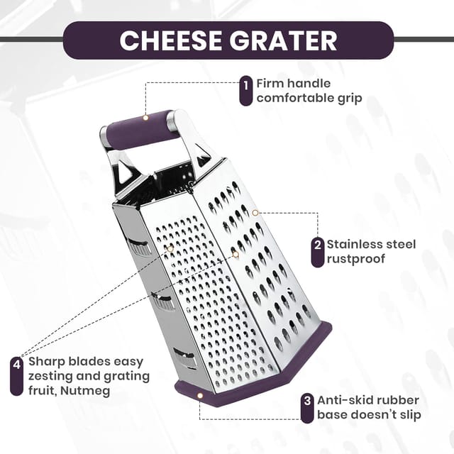 Utopia Kitchen - Cheese Grater & Shredder - Stainless Steel - 6 Sided Box Grater - Large Grating Surface with 6 Razor Sharp Blades - Non Slippery rubber bottom - (Plum)