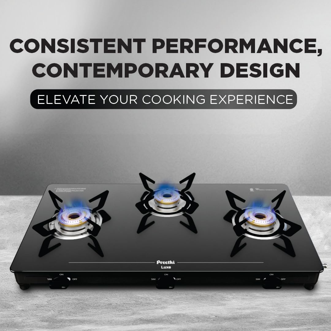 Preethi Luxe 3 Burner Glass Top Gas Stove With Driptray Less Infinity Design, 5 Year Warranty on Glass & Burner, Manual Design, Black