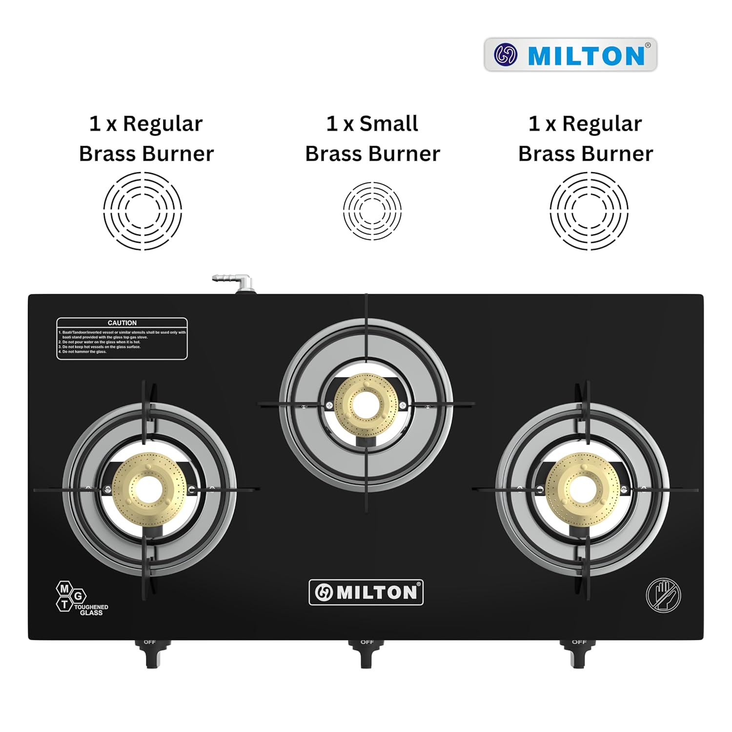 Milton Premium Pro 3 Burners Auto Ignition Gas Stove | ISI Certified | 6mm Toughened Glass Top | 360 Degree Nozzle | Heavy Duty Pan Support | Pure Brass Burners | 1 Year Manufacturer's Warranty -Black