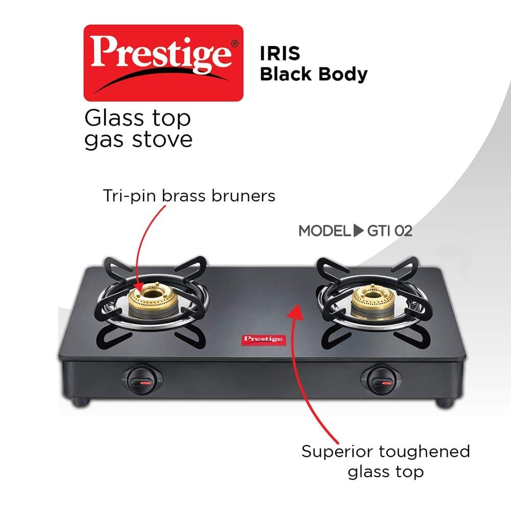 Prestige IRIS Toughened Glass-Top 2 Brass Burner LPG Gas Stove | Black | Spill Proof | Ergonomic Knobs | Tri-Pin Brass Burners |Open