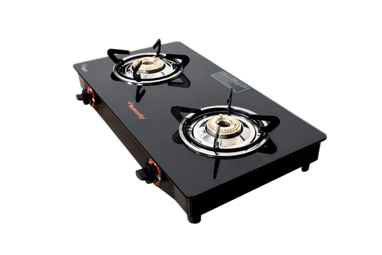 Butterfly Smart 2 Burner Glass Top Gas Stove | Manual Ignition | Scratch Resistant Toughened Glass | Brass Burners | Skid-proof Legs | 1 Year Manufacturer's Warranty | Black