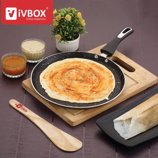 ivbox Omega-Pro Granite Dosa Tawa 3mm-Thick Non Stick (Induction and Gas Stove Compatible), 280 mm, Aluminium, Black