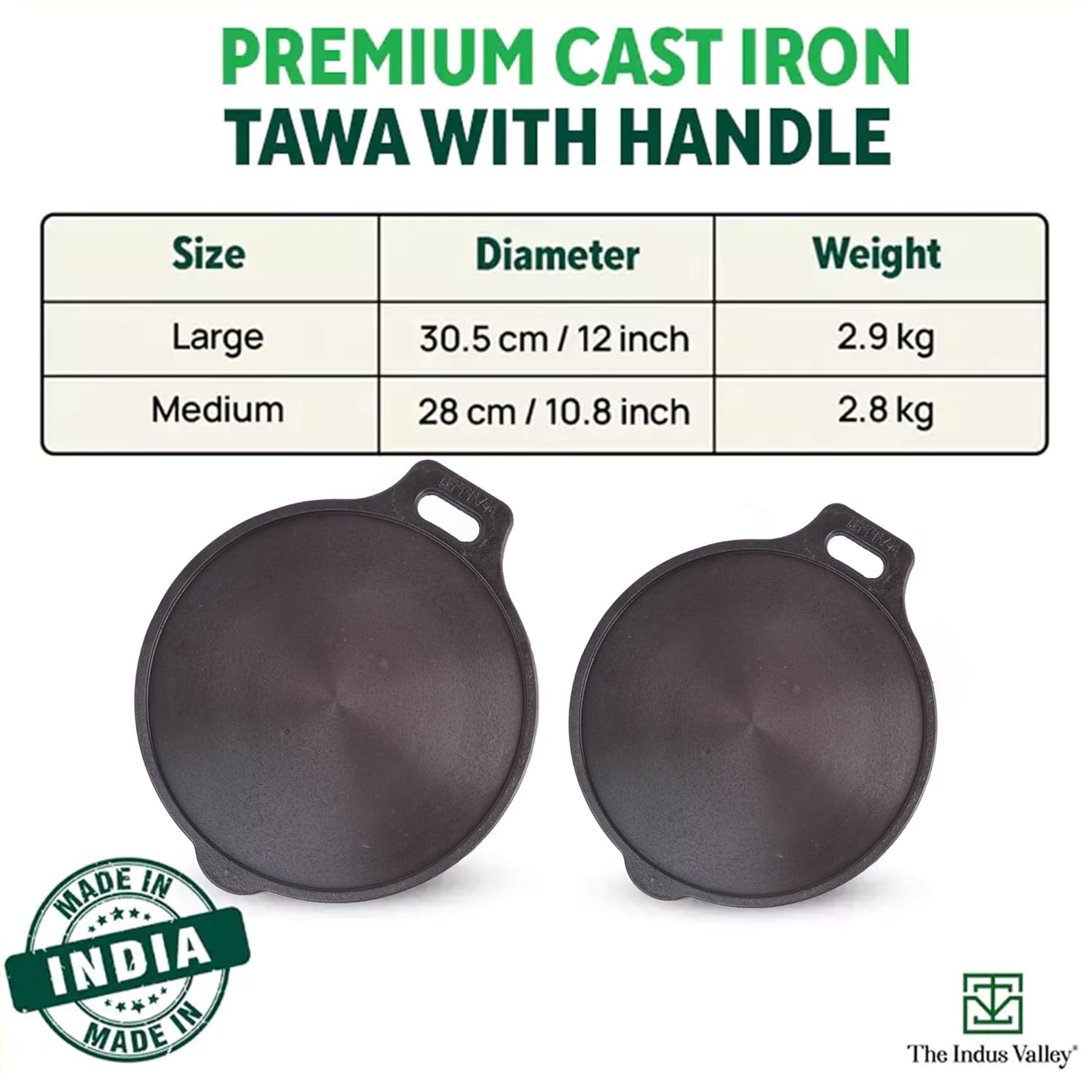 The Indus Valley Super Smooth Cast Iron Tawa with Free Wooden Spatula for Dosa/Chapathi | 27.6cm/10.8 inch, 2.8kg | Induction Friendly | Naturally Nonstick, 100% Pure & Toxin-Free