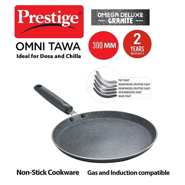 Prestige Omega Deluxe Granite Dosa Tawa | Black | 30cm | Non-Stick | Induction Base | Dishwasher Safe | 2-Layer Metallic Finish | Metal Spoon Friendly