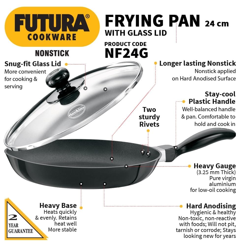 Hawkins Futura 24 cm Frying Pan, Non Stick Fry Pan with Glass Lid, Frypan, Black (NF24G)