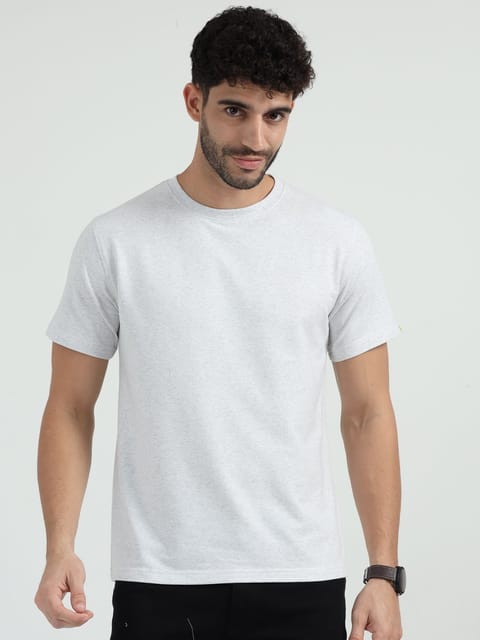 Caslay Sustainable - White Melange Crew Neck Solid T-Shirt