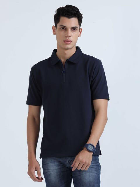 Caslay Sustainable Sweat Polo - Navy Blue Solid T-Shirt