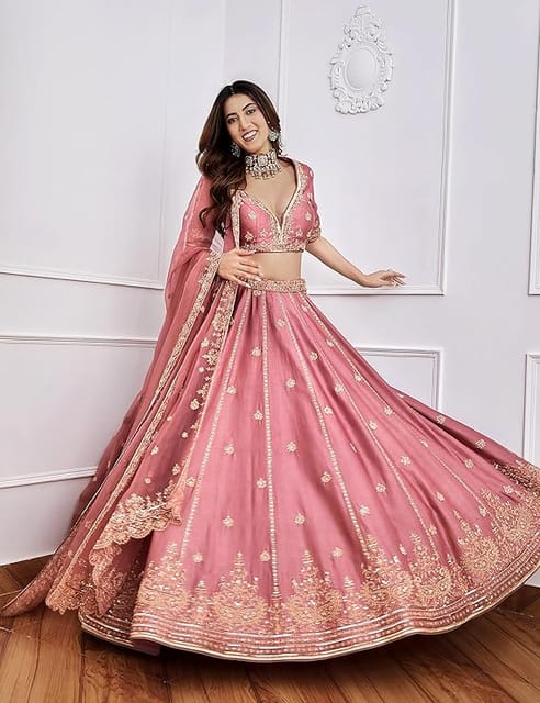 Trendmalls Women'S Embroidery Sequence Work Semi-Stitched Bridal Lehenga Choli With Dupatta For Women(New-Bridal-Latest-Wedding-Lehenga-Free Size)