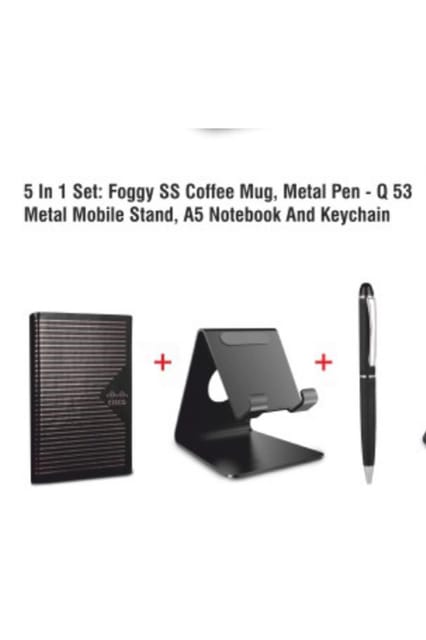 PUTHUSU 5 IN 1 SET Q 53 Foggy SS Coffee Mug, Metal Pen, Metal Mobile Stand, A5 Notebook And Keychain