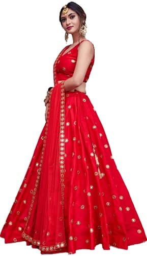 Fashion Basket Women's Satin Semi Stitched Red Lehenga Choli