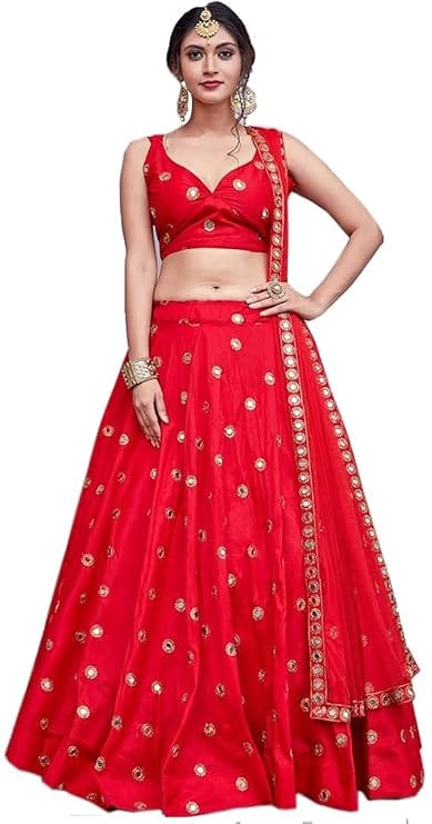 Fashion Basket Women's Satin Semi Stitched Red Lehenga Choli