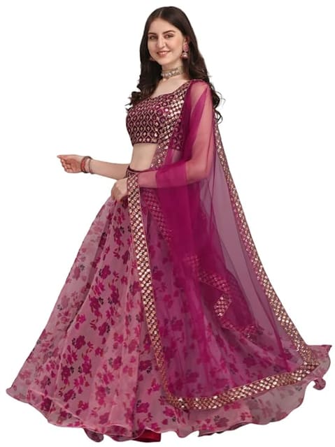 Fashion Basket Women's Organza Printed & Jari Sequence Work Semi-Stitched Lehenga Choli (Dark Pink)