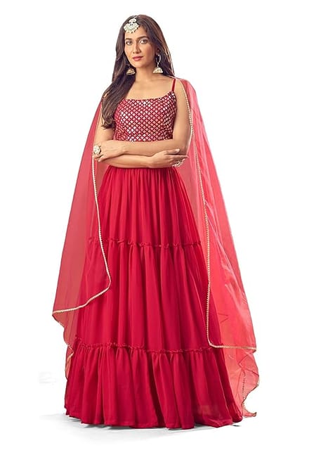 Fashion Basket Women's Georgette Semi Stitched Red Lehenga Choli, Free Size