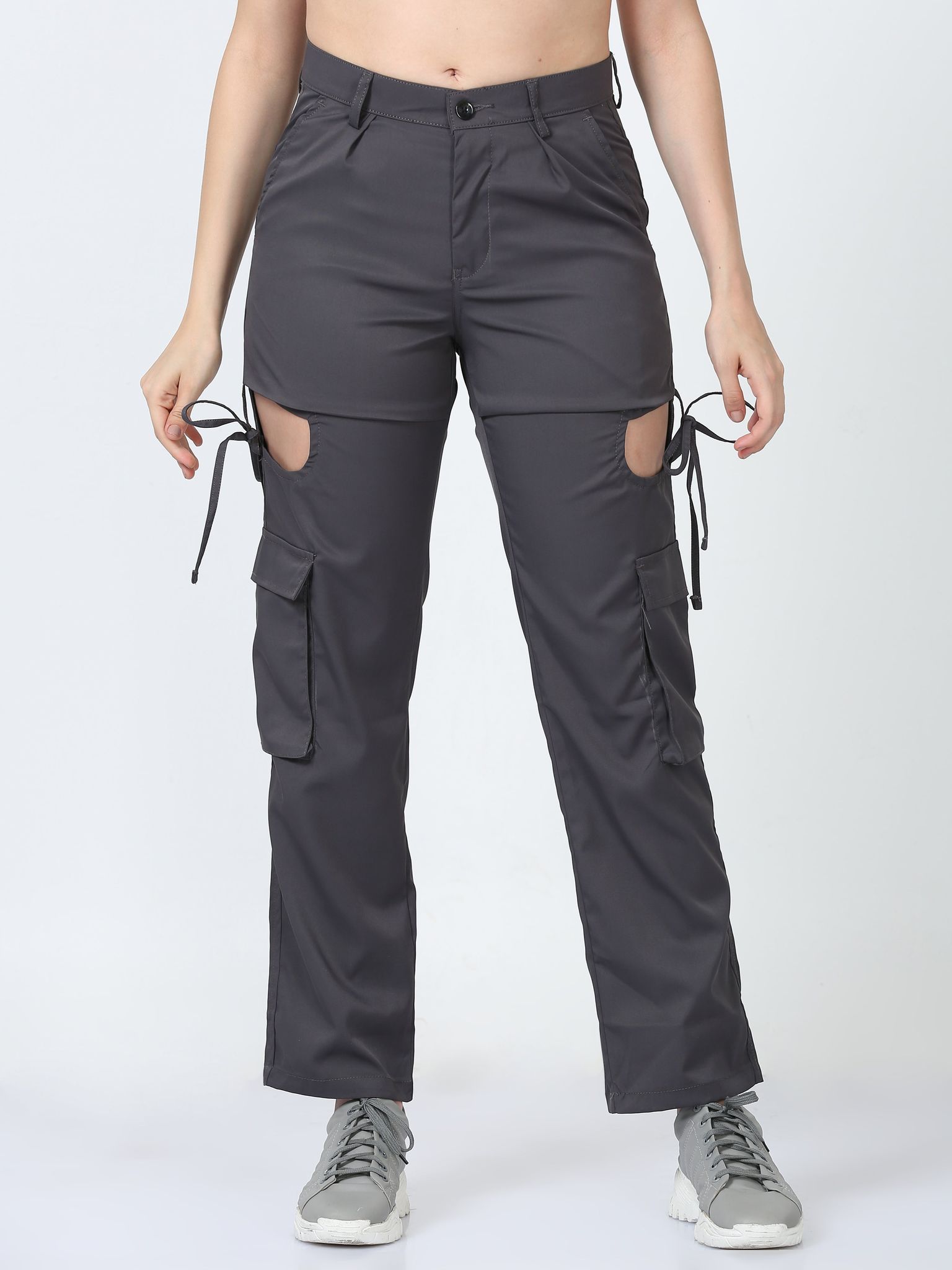 Women Dual Pocket Slashed Trousers-Grey