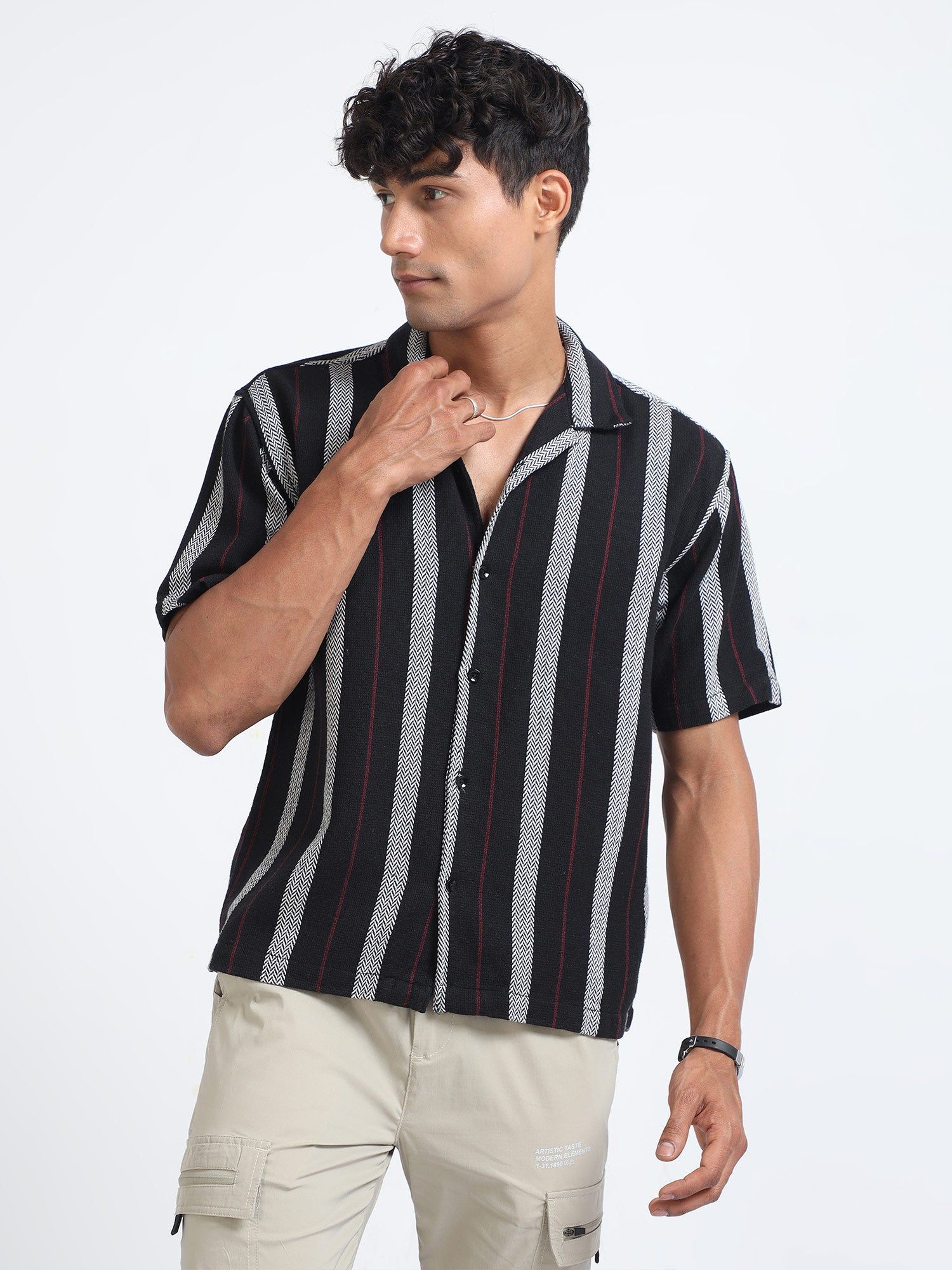 Men Striped Jacquard Oversized Shirt-Black