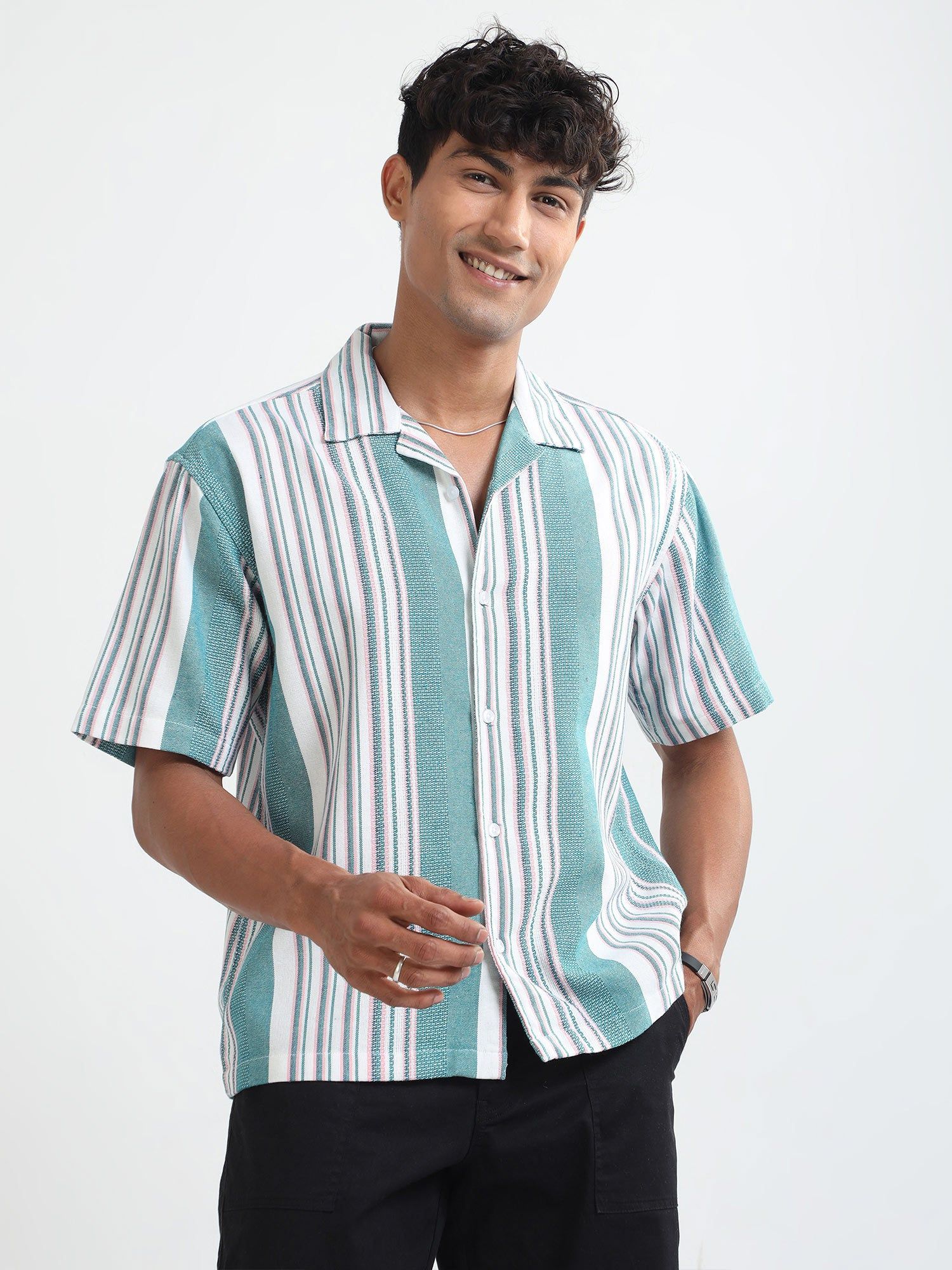 Men Striped Jacquard Oversized Shirt-Mint