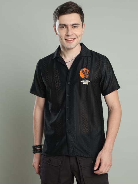 Men Embroidered Textured Shirt-Black