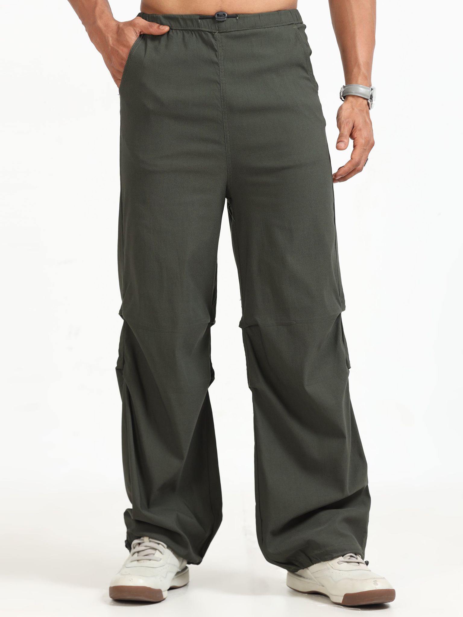 Men Parachute Trousers-Olive