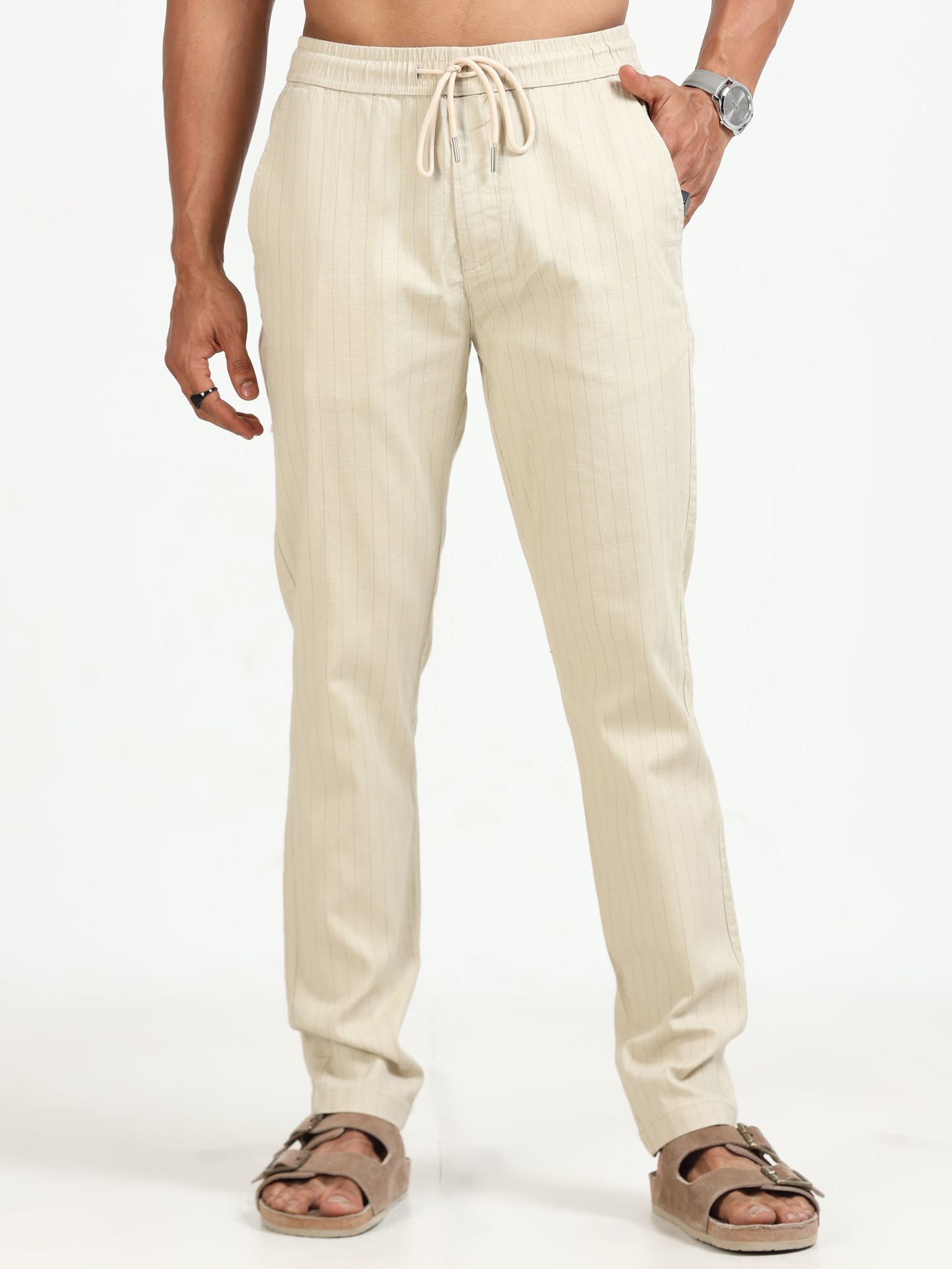 Men Air Linen Stripes Pant-Beige