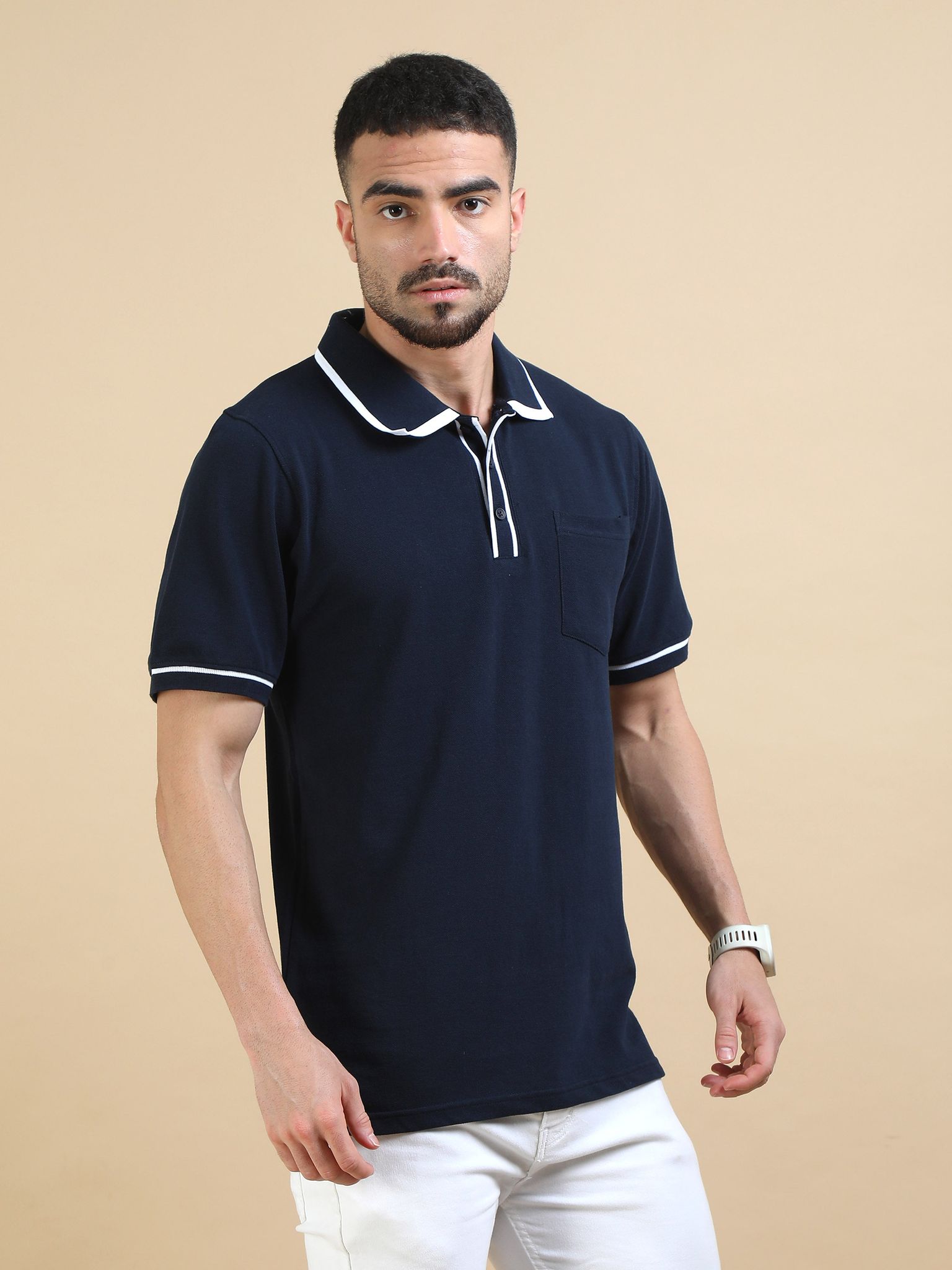 Contrast Collar Polo - Navy