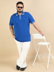 Plus Size Contrast Collar Polo - Blue