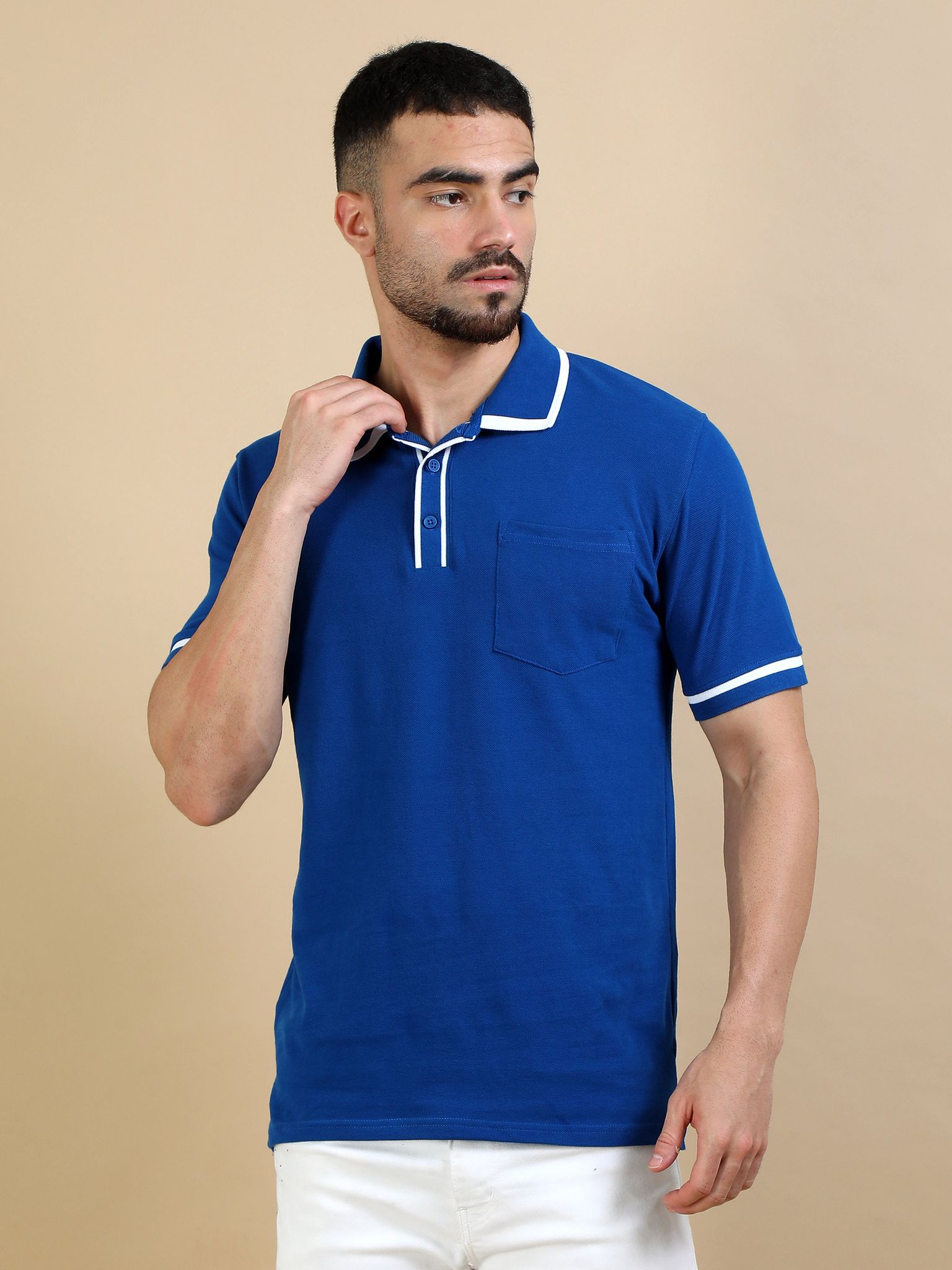 Contrast Collar Polo - Blue