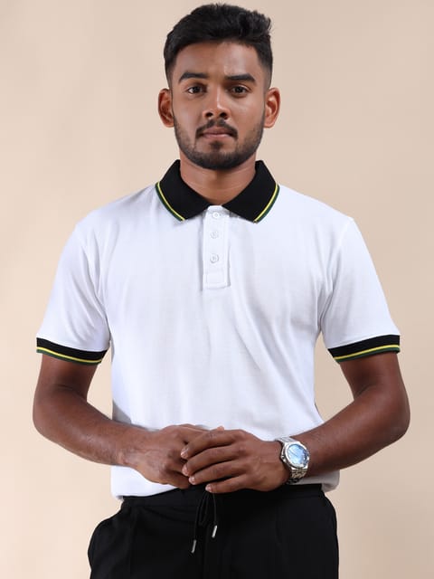 Yellow & Green Tipping Polo Collar Mercury White Pure Cotton T-shirt