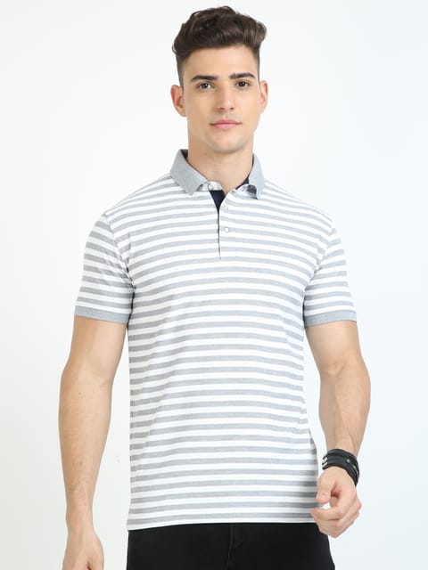 White & Grey Stripe Men's Polo T-shirt