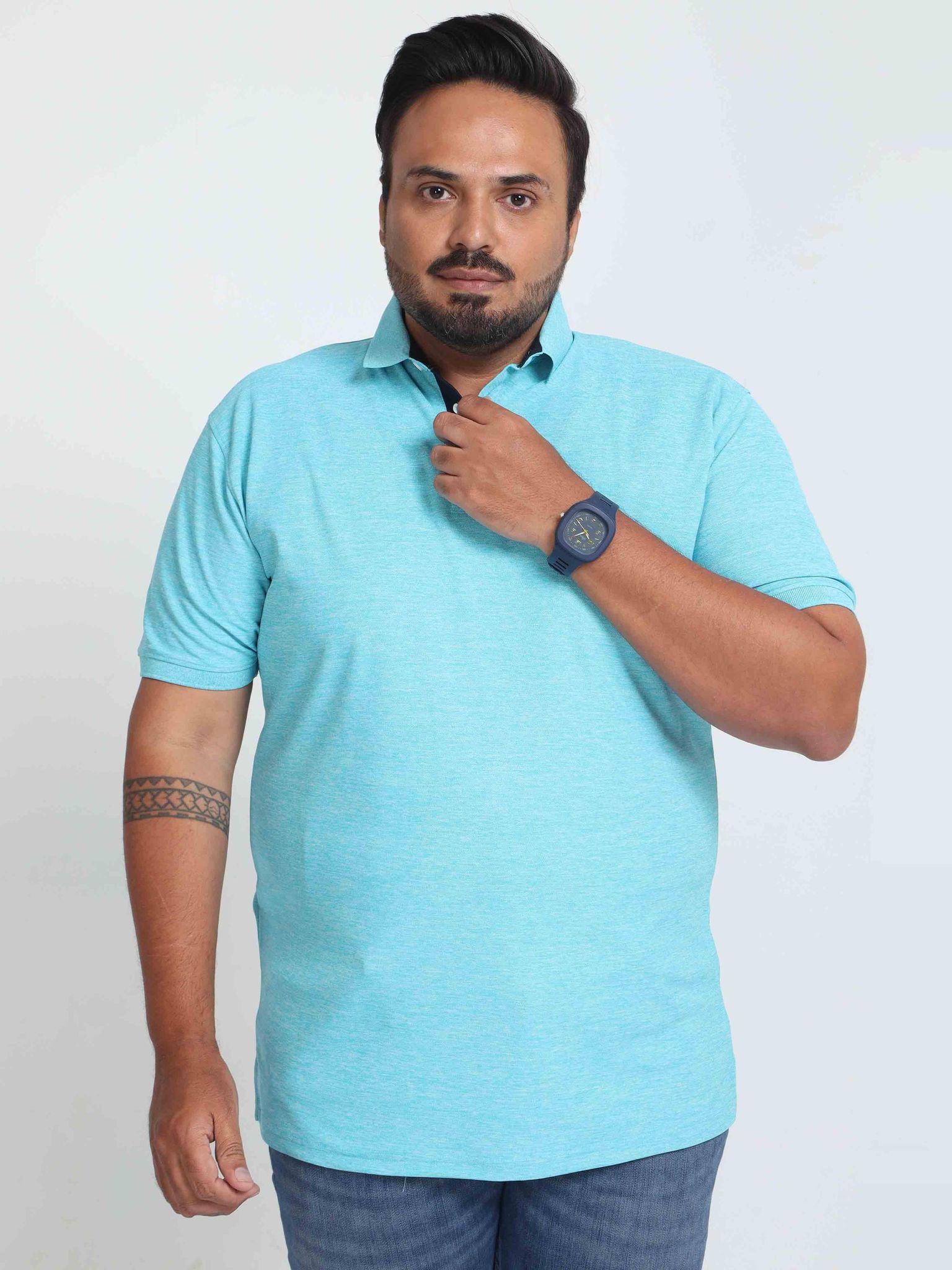 Plus Size Blue Lagoon Melange Men's Polo T-shirt